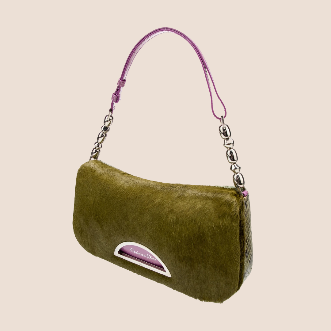 CHRISTIAN DIOR GREEN PYTHON PONY HAIR MALICE SHOULDER BAG