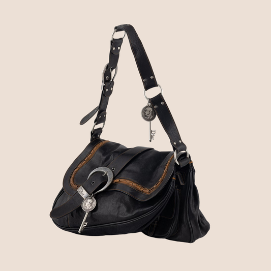 CHRISTIAN DIOR 2006 BLACK LEATHER GAUCHO DOUBLE SADDLE BAG