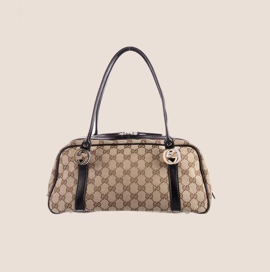 GUCCI BROWN GG CANVAS TWINS BOSTON BAG
