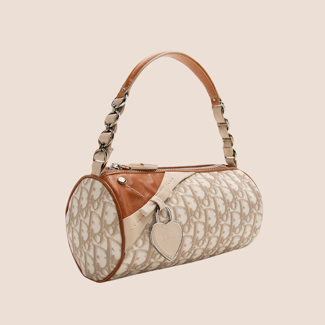 CHRISTIAN DIOR 2007 CREAM & TAN ROMANTIQUE MINI BARREL BAG