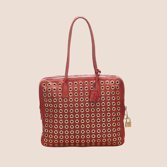 PRADA RED LEATHER GROMMET FLAT TOTE BAG