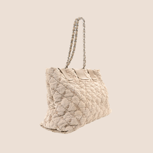 CHANEL BEIGE TWEED STITCH SHOPPING TOTE BAG