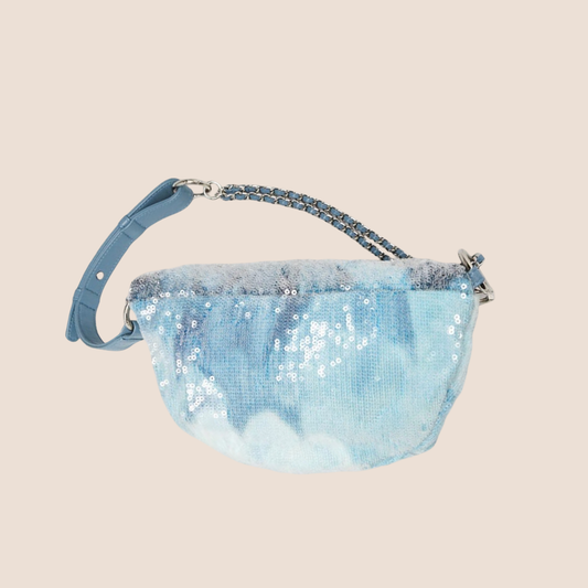 CHANEL 2018 LIGHT BLUE SEQUIN WATERFALL CC WAIST BELT BAG