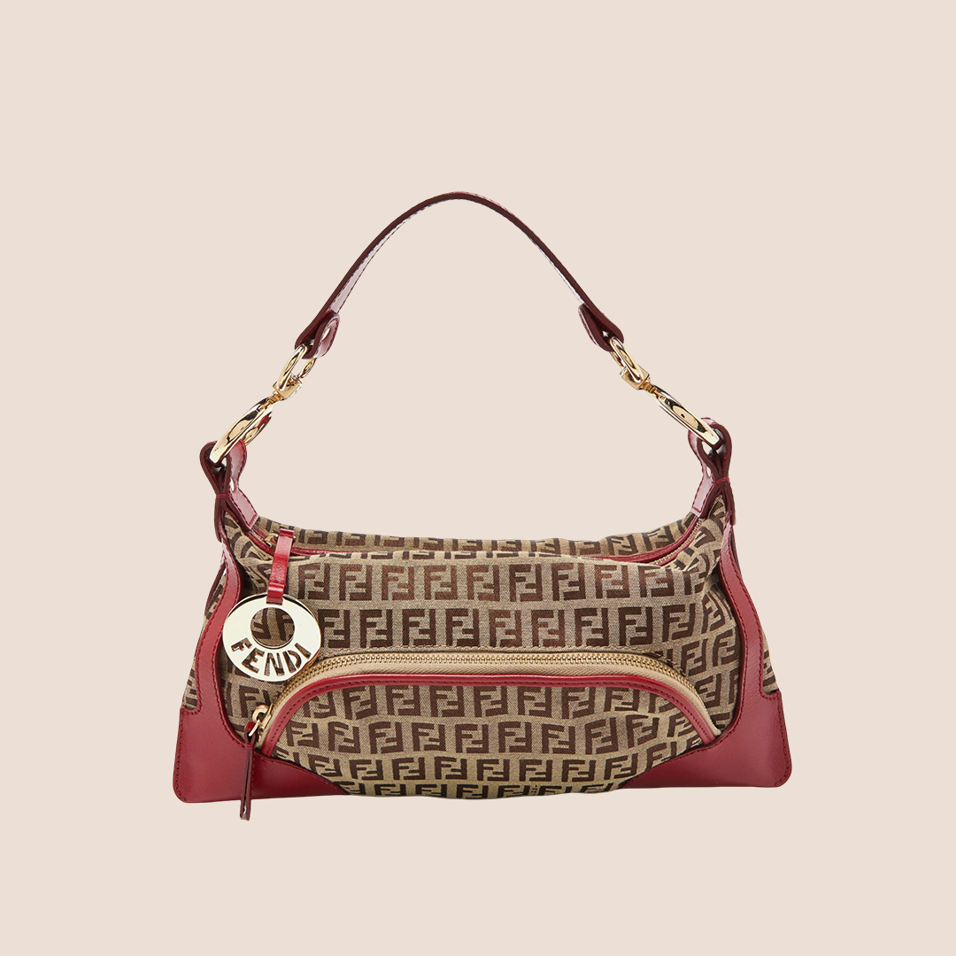 FENDI 2000 RED & BROWN ZUCCHINO CANVAS CHEF SHOULDER BAG