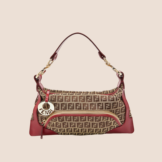 FENDI 2000 RED & BROWN ZUCCHINO CANVAS CHEF SHOULDER BAG