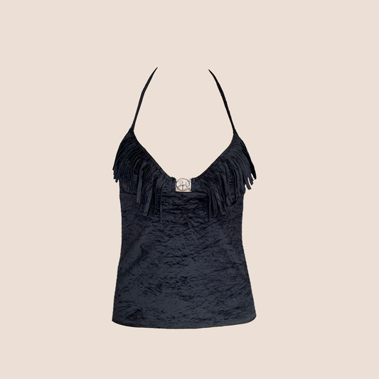 CHRISTIAN DIOR 2005 BLACK VELVET "PEACE & LOVE" FRINGE TOP