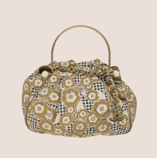 CHANEL BEIGE CAMELIA PRINTED CANVAS HOOP HANDLE BAG