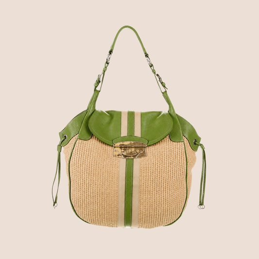 PRADA 2000 GREEN VITELLO LEATHER & WICKER HOBO BAG