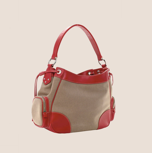 PRADA RED LEATHER JACQUARD LOGO HOBO BAG