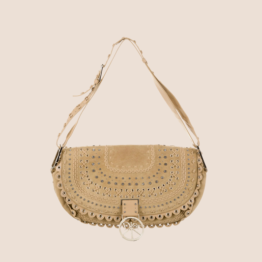 CHRISTIAN DIOR 2005 BEIGE SUEDE LEATHER PEACE LOGO CRYSTAL HOBO BAG