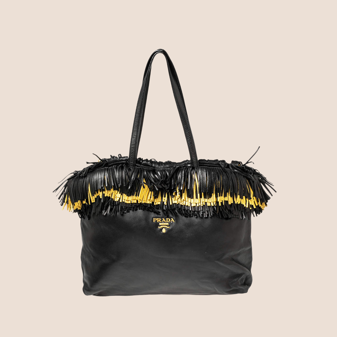 PRADA 2000 BLACK & GOLD LEATHER FRINGED TOTE BAG