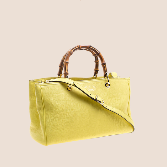GUCCI YELLOW LEATHER BAMBOO SHOPPER TOTE BAG