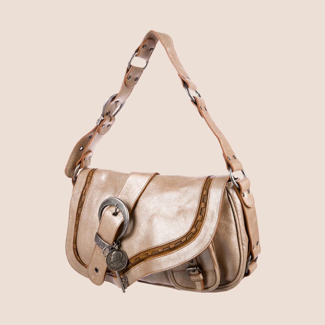 CHRISTIAN DIOR 2006 METALLIC GLITTER CREAM LEATHER GAUCHO SADDLE BAG