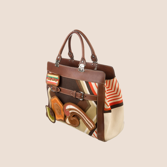 MIU MIU BROWN GRAPHIC PATCHWORK TOP HANDLE BAG