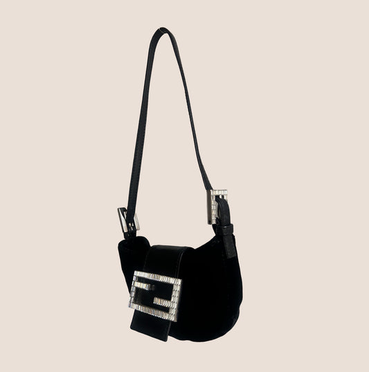 FENDI 2000 CRYSTAL BLACK VELVET MINI CROISSANT BAG