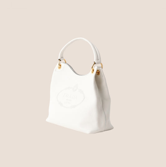 PRADA WHITE LEATHER LOGO PHENIX HANDBAG