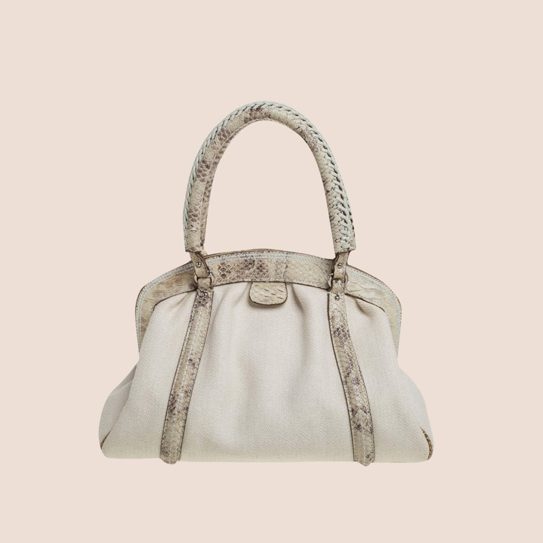 CHRISTIAN DIOR 2007 BEIGE CANVAS & PYTHON TRIM FRAME SATCHEL