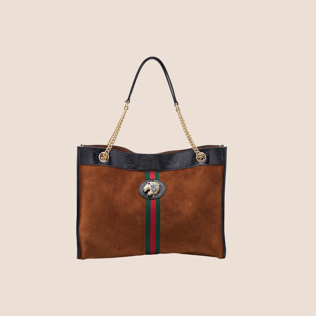 GUCCI BROWN SUEDE WEB RAJAH TOTE BAG