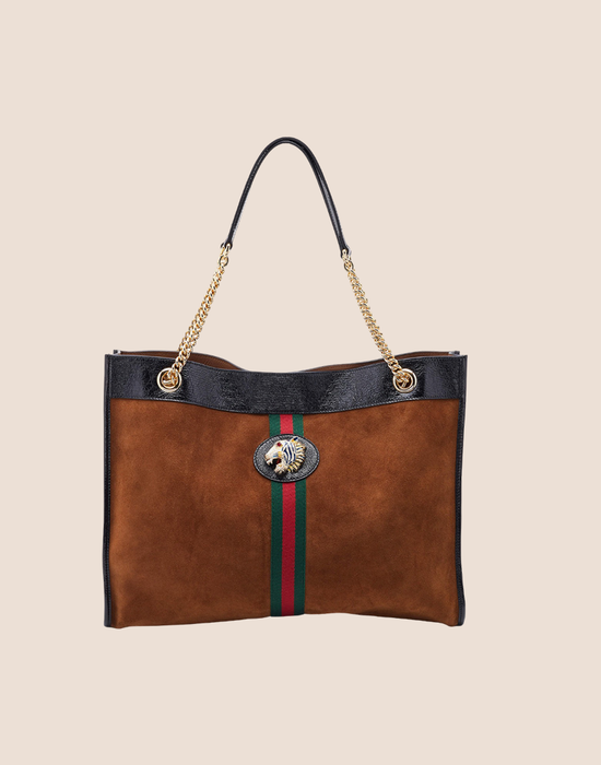 GUCCI BROWN SUEDE WEB RAJAH TOTE BAG