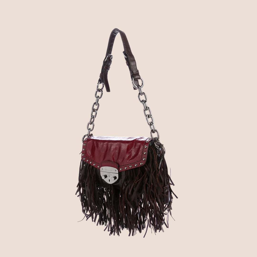 PRADA BURGUNDY & BROWN LEATHER FRINGE SHOULDER BAG