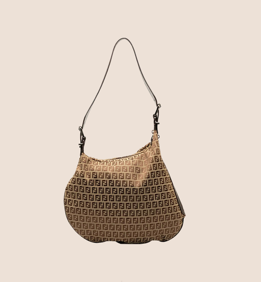 FENDI 2000 BROWN ZUCCHINO CANVAS OYSTER SHOULDER BAG