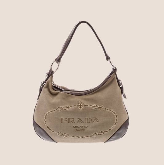 PRADA BEIGE & BROWN JACQUARD LOGO LARGE HOBO BAG