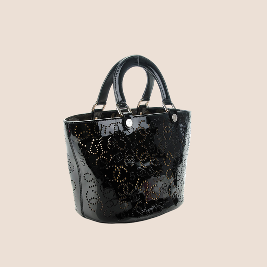 CHANEL BLACK PATENT PERFORATE CC SHOPPING TOTE