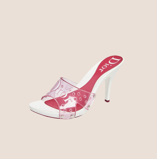 CHRISTIAN DIOR WHITE & PINK PVC LOGO PLATFORM MULES