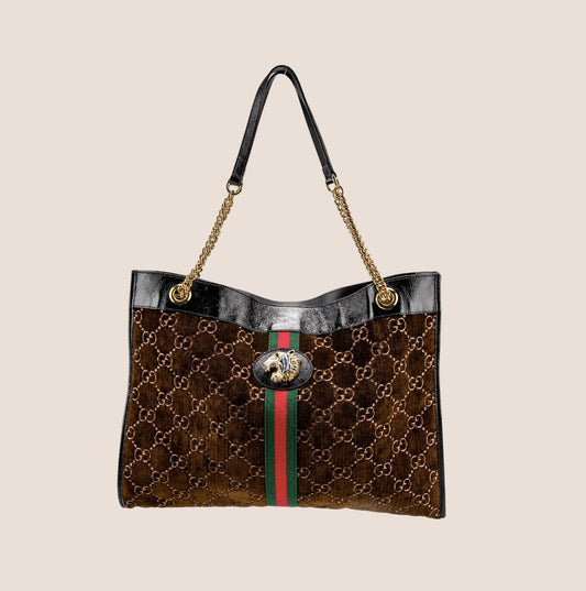 GUCCI BROWN VELVET WEB RAJAH TOTE BAG