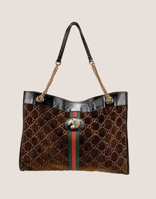 GUCCI BROWN VELVET WEB RAJAH TOTE BAG