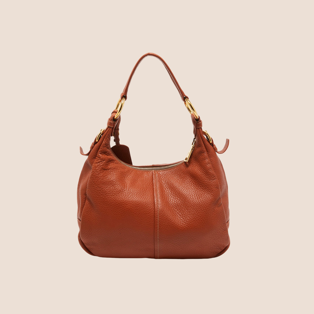 PRADA BROWN VITELLO DAINO LEATHER ZIP HOBO BAG