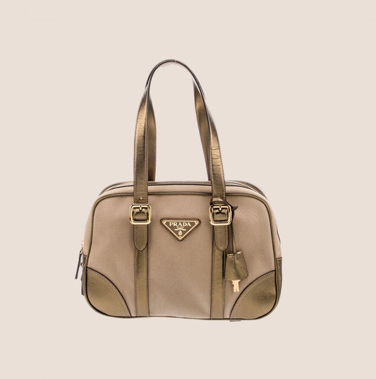 PRADA SAFFIANO TRIMMED GOLD BOWLING BAG