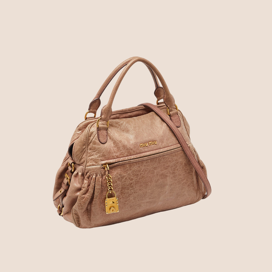 MIU MIU 2000 DUSTY PINK LEATHER DISTRESSED SATCHEL BAG