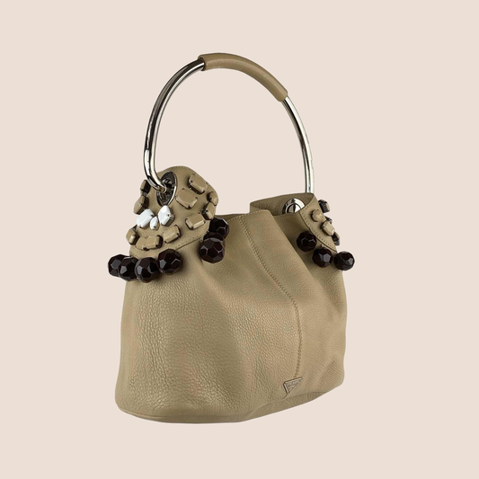 PRADA 2003 OVERSIZED BEADED BEIGE LEATHER HOOP BAG