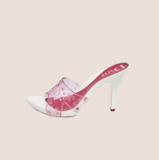 CHRISTIAN DIOR WHITE & PINK PVC LOGO PLATFORM MULES