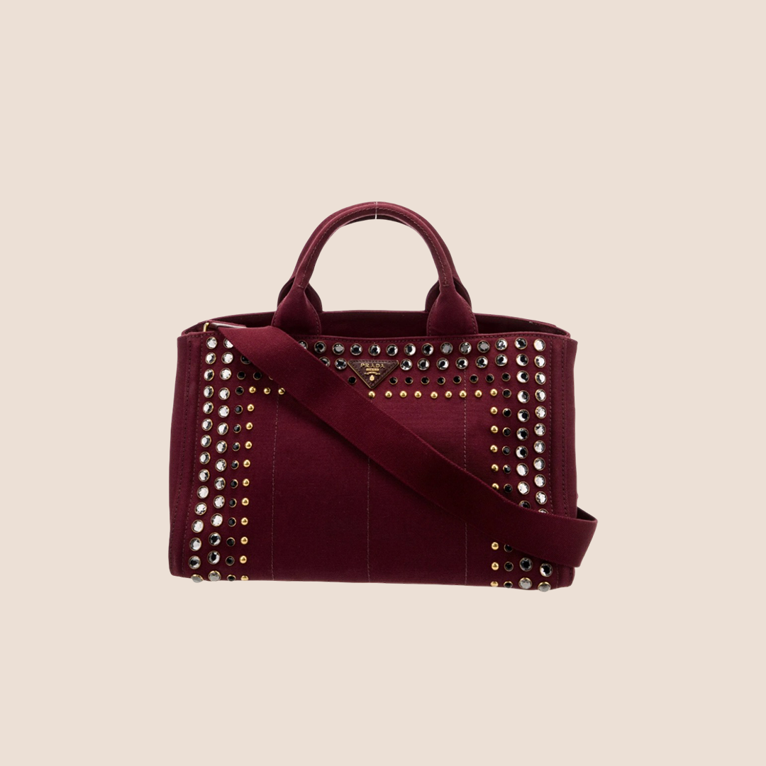 PRADA BURGUNDY BIJOUX CANAPA TOTE BAG