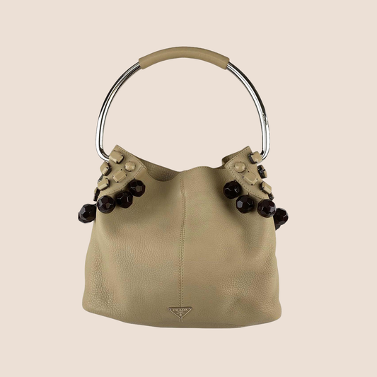 PRADA 2003 OVERSIZED BEADED BEIGE LEATHER HOOP BAG