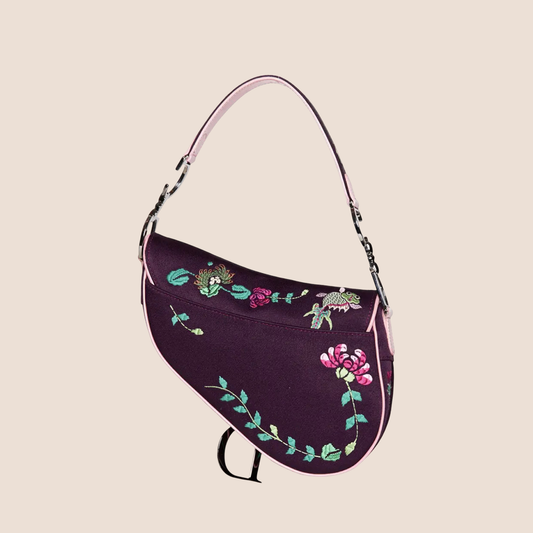 CHRISTIAN DIOR 2003 PURPLE SILK FLORAL KOI SADDLE BAG