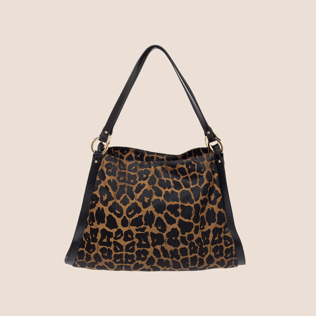 FENDI 2000 LEOPARD PRINT LEATHER TRIM CHEF TOTE BAG