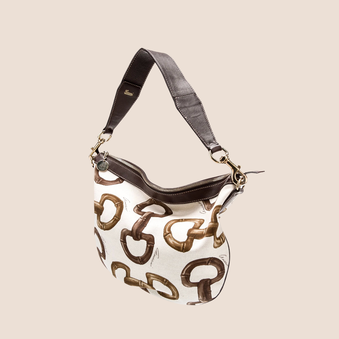 GUCCI WHITE & BROWN HORSEBIT HALF MOON HOBO BAG