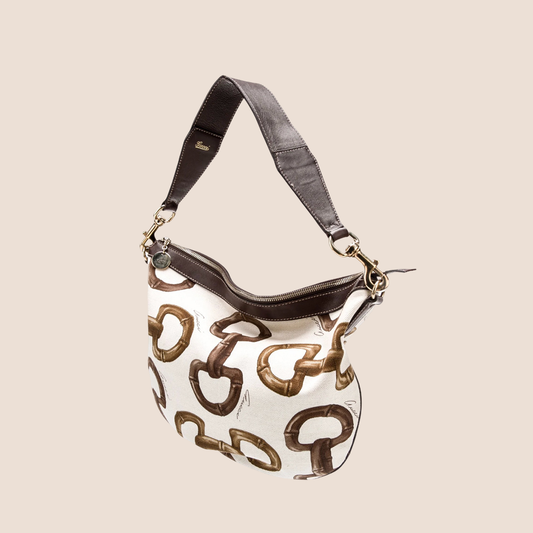 GUCCI WHITE & BROWN HORSEBIT HALF MOON HOBO BAG