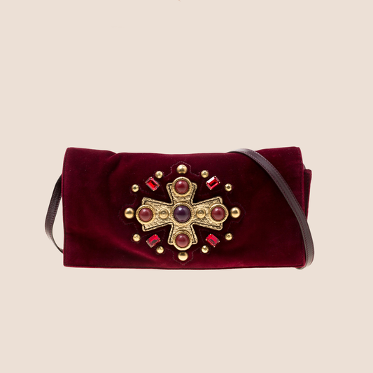 YVES SAINT LAURENT RED VELVET CROSS VENISE SHOULDER BAG