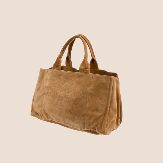 PRADA BROWN SCAMOSCIATO SUEDE EMBOSSSED LOGO TOTE