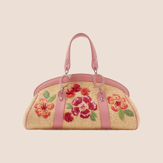 CHRISTIAN DIOR PINK MULTICOLOR RAFFIA FLOWERS WICKER BAG