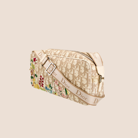 CHRISTIAN DIOR 2005 BEIGE TROTTER EMBROIDERED FLOWERS CROSSBODY BAG