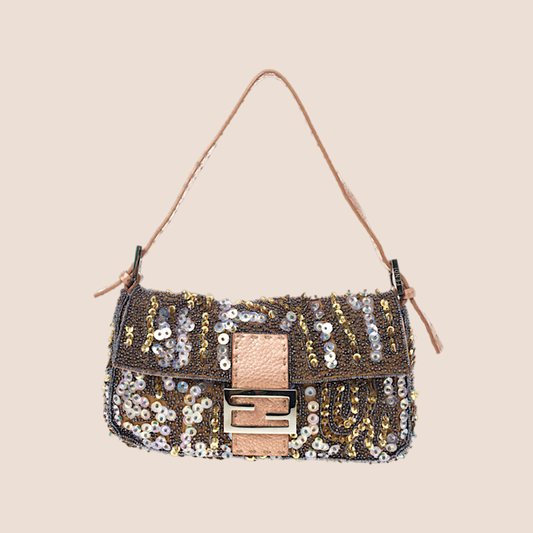 FENDI 2000 BROWN & ROSE PEBBLED SEQUIN BAGUETTE BAG