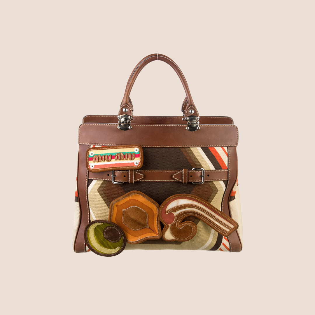 MIU MIU BROWN GRAPHIC PATCHWORK TOP HANDLE BAG