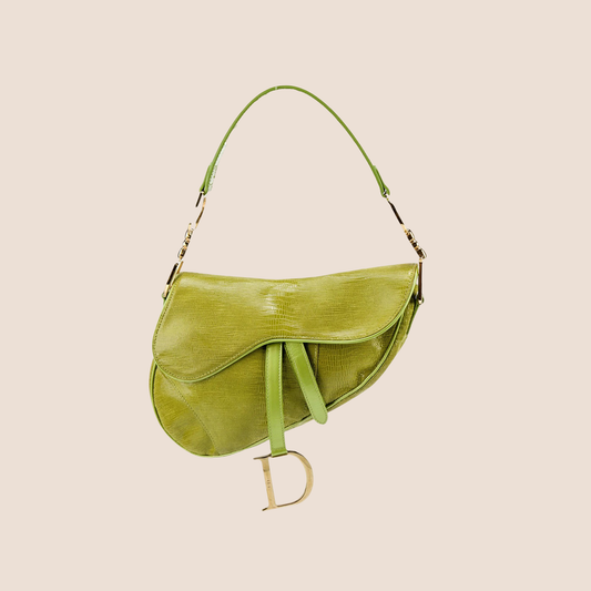 CHRISTIAN DIOR 2001 GREEN LIZARD EMBOSSED SADDLE BAG