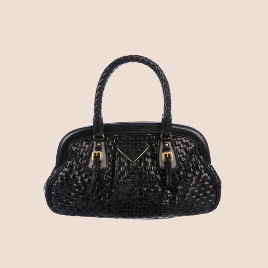 PRADA BLACK INTRECCIO MADRAS FRAME BAG