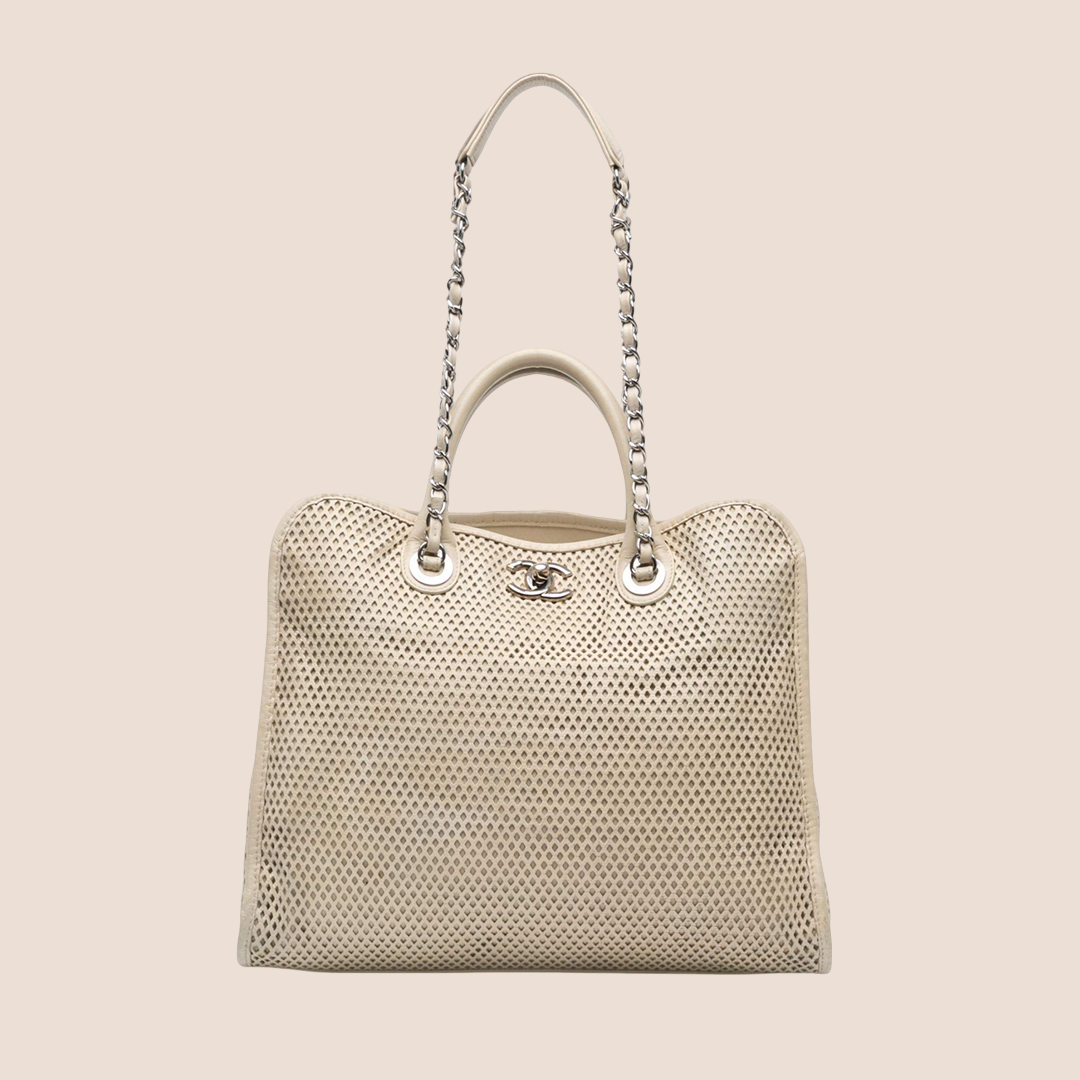 CHANEL BEIGE PERFORATED CAFLSKIN UP IN THE AIR SATCHEL